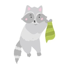 a cartoon raccoon of gray color who washes a towel. Cute raccoon for kids isolated on white background.