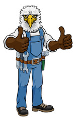 An eagle animal construction cartoon mascot handyman or builder maintenance contractor giving a double thumbs up