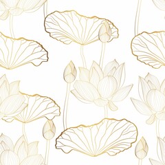 Seamless pattern with a natural ornament. Tropical vintage golden lotus flower, water lily seamless pattern on white background.