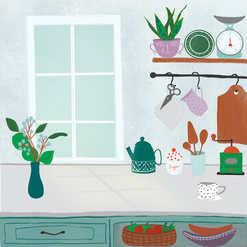 Kitchen with a set of furniture. Modern cozy interior of the kitchen with a table, wardrobe, dishes and household appliances. Flat digital illustration in cartoon style.