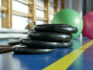 Rubber-coated wheel weights for barbells are composed of a stack in the gym. Accessories for sports and healthy lifestyle.