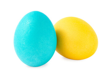 Two colored eggs isolated on white background. Pair of Easter chicken eggs painted in minimalist style.