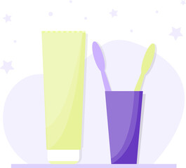 Toothbrushes in a glass and a tube of toothpaste. Vector illustration of flat cartoon style with shadows. The concept of care for the oral cavity. Dental cleaning kit, morning treatments