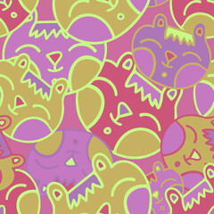 Seamless vector pattern design lined cute ornamental abstract cats in acidic pink and yellow tones