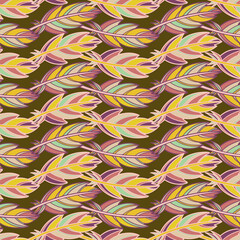 Seamless vector pattern with abstract botanical feather forms in pastel orange and brown tones