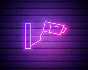 Surveillance Camera neon icon. Elements of technology set. Simple icon for websites, web design, mobile app, info graphics isolated on brick wall