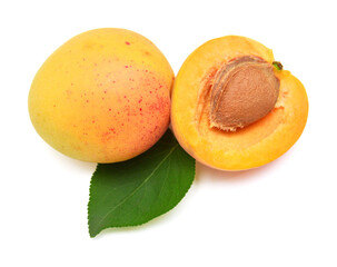 Apricot fruit whole and half with leaf isolated on white background. Flat lay, top view