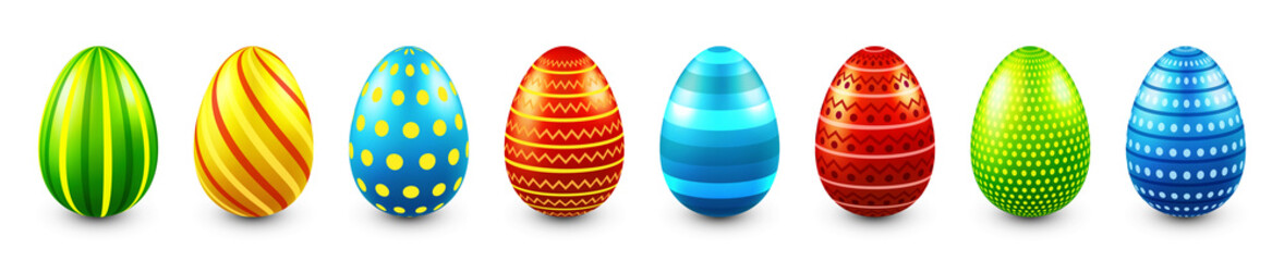 Colorful Easter eggs isolated on white background. Seasonal spring decoration element. Egg hunt game. Vector illustration.