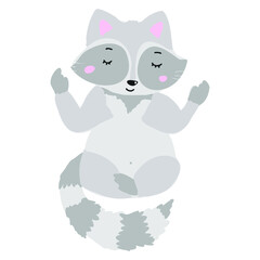 A cartoon raccoon in the lotus position sits and meditates. Raccoon isolated on a white background.