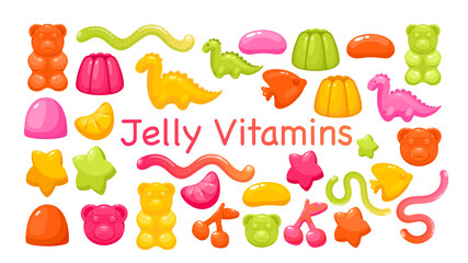 Candy chewy jelly vitamins set, colorful glossy sweet gummy juicy marmalade collection