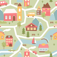Cute town or village houses, childish seamless pattern, townscape with river and bridge