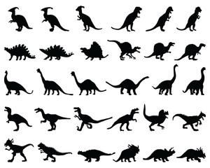 Black silhouettes  of dinosaurs on a white background