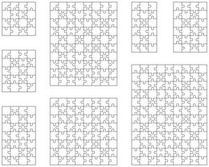 Illustration of eight white puzzles, separate parts	
