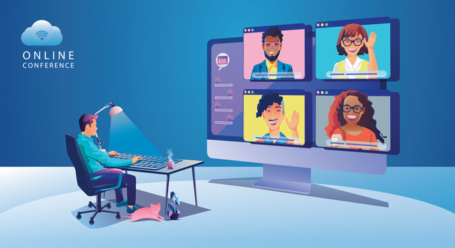 Virtual event People use Video conference landing Working Businessman on window screen taking with colleagues. Videoconferencing and online meeting workspace page, man and woman learning Vector, Flat