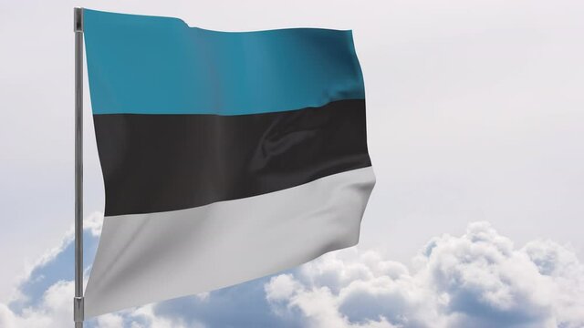 Estonia flag on pole with sky background seamless loop 3d animation