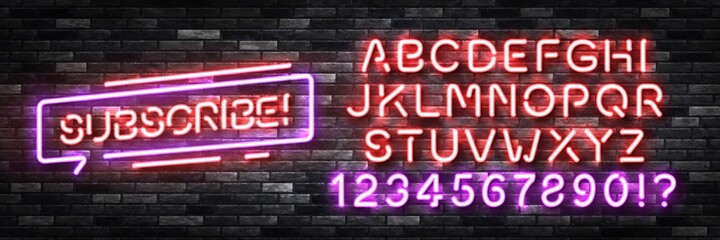 Fototapeta na wymiar Vector realistic isolated neon sign of Subscribe logo with easy to change color font alphabet on the wall background. Concept of social media and streaming.