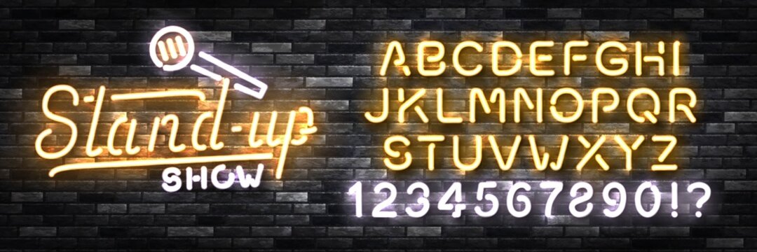 Vector realistic isolated neon sign of Stand Up Show logo with easy to change color font alphabet on the wall background. Concept of comedy and humor.