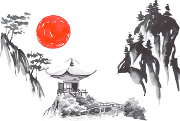 Japan traditional sumi-e painting. Fuji mountain, sakura, sunset. Japan sun. Indian ink vector illustration. Japanese picture.