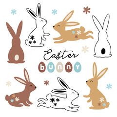 set of isolated black and color easter bunny 