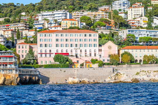 View from the Mediterranean Sea of the luxury hotels, condominiums and homes along the French Riviera near the city of Nice, France.