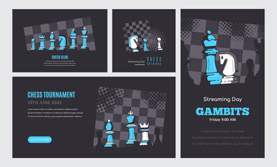 Set of Banner Templates of Different Sizes. Chess Club, Chess Tournament, International Chess Day, Online Chess Streaming
