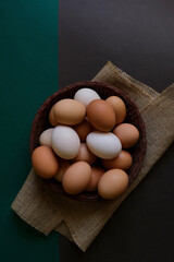 Colorful eggs in a basket. Easter eggs. Top view.