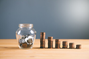 Coins Stack and the glass jar.