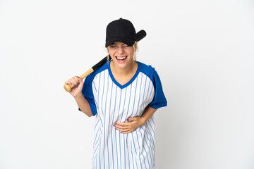 Young Russian woman playing baseball isolated on white background smiling a lot