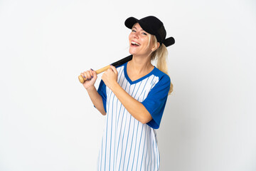 Young Russian woman playing baseball isolated on white background celebrating a victory