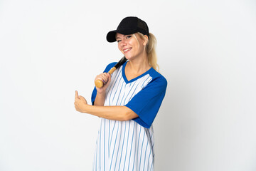 Young Russian woman playing baseball isolated on white background pointing back