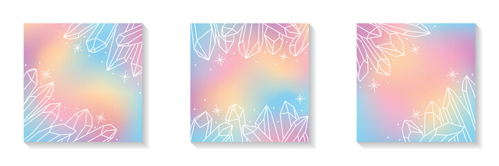 Vector square illustrations for social media. Healing crystals in pastel colors. Abstraction, linart.