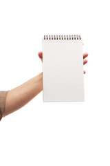 Obraz premium female hands holding notepad isolated on white background
