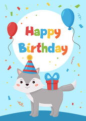 Fototapeta premium Greeting card for children. Happy Birthday party invitation. Forest animals. Cute cartoon wolf with gift and balloons.