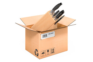 Kitchen knives with wooden block inside cardboard box, delivery concept. 3D rendering