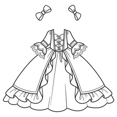 Ball gown with lush skirt and bows outline for coloring on a white background