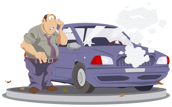 Male in car accident. Broken auto. Illustration for internet and mobile website.