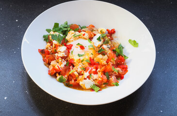 Shakshuka With Feta on a plate, dark background