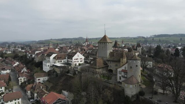 Drone footage of the old town of Morat, Switzerland. 