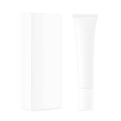 Blank plastic tube mockup with box. Vector illustration isolated on white background. Can be use for your design, advertising, promo and etc. EPS10. 