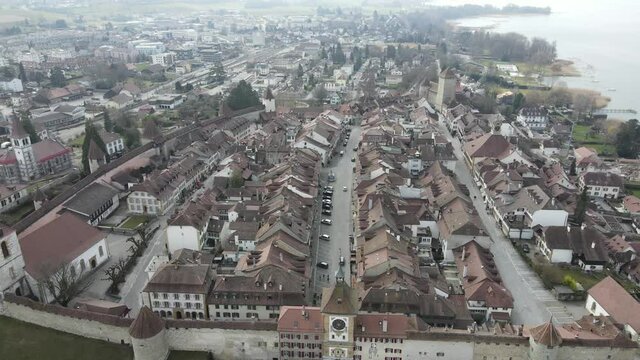 Drone footage of the old town of Morat, Switzerland. 