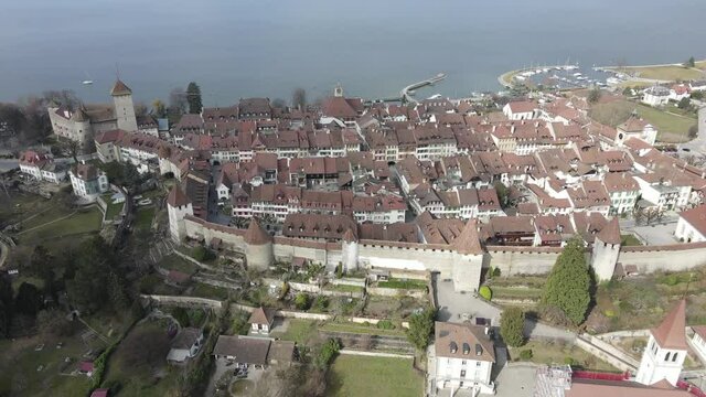 Drone footage of the old town of Morat, Switzerland. 