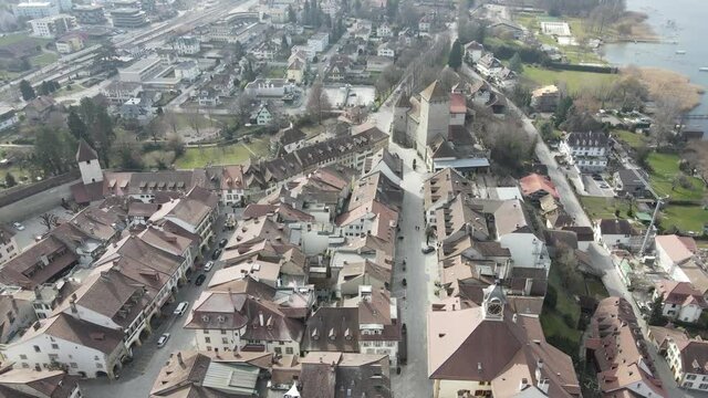 Drone footage of the old town of Morat, Switzerland. 