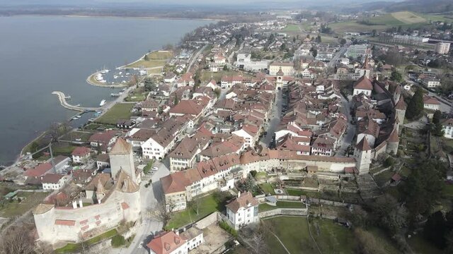 Drone footage of the old town of Morat, Switzerland. 