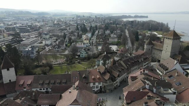 Drone footage of the old town of Morat, Switzerland. 