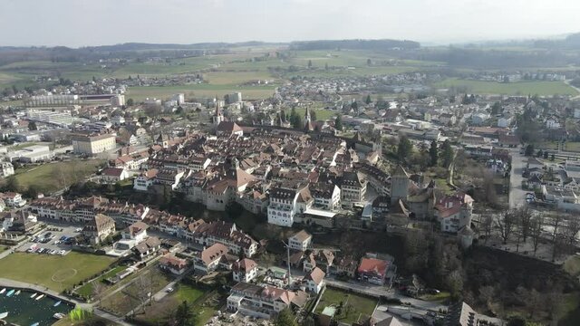 Drone footage of the old town of Morat, Switzerland. 