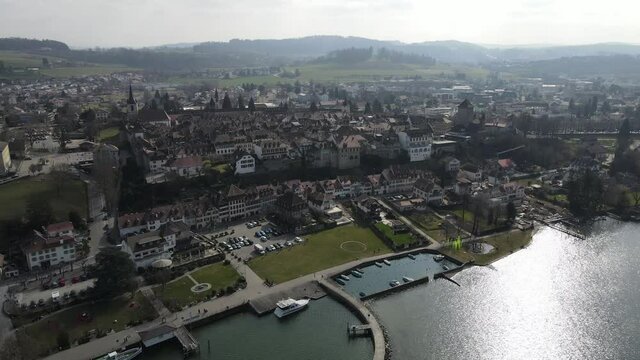 Drone footage of the old town of Morat, Switzerland. 