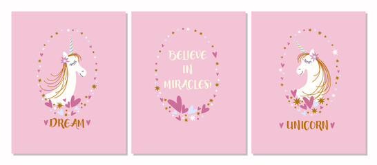 Set of cards with a cute unicorn for children's party and birthday. Believe in miracles.
