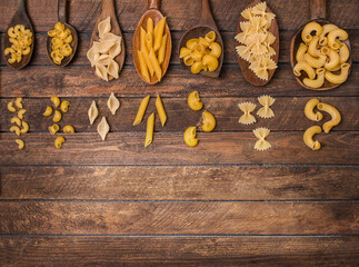 Different types of pasta in vintage  old wooden spoons on rustic wooden background. Variety of dry pasta set with copyspace.