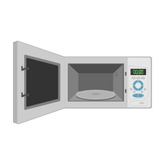 Fototapeta premium Microwave oven with open door flat style icon. Kitchen appliances isolated on white. Vector illustration.