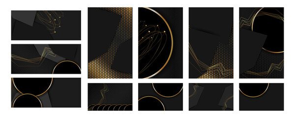 Set of smooth lines romantic gold wedding invitations on a dark background. Golden sale and arabesque pattern on dark banner trend gradient